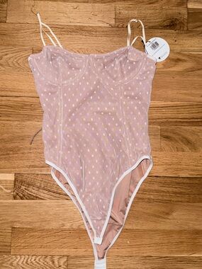 White Fox Boutique Pink Mesh Polka-Dot Bodysuit with White Trim